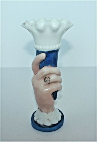 Vintage Milk Glass Hand Holding A Fluted Flower Vase Painted Blue Lovely