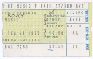 Rare Roxy Music 2/21/75 York Academy Of Music Concert Ticket Stub