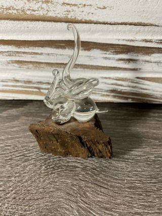 Small Hand Blown Glass Elephants - Mom Or Dad And Baby - On Wood Stand 3.  5 "