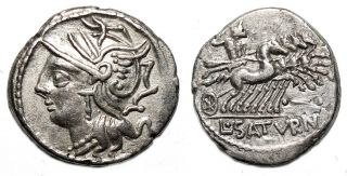 Aet Lucius Appuleius Saturninus Ar Denarius.  Ef -.  104 Bc.  Saturn In Quadriga.