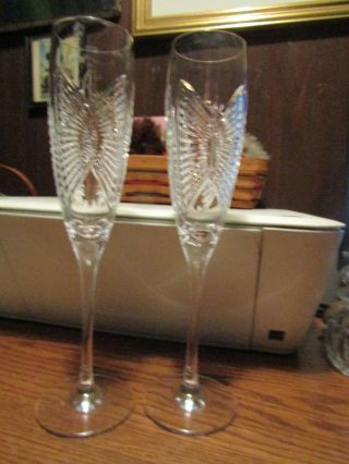1set Of Waterford Crystal 101/2 " Flutes W/ Butterflies Etched On Front And Back