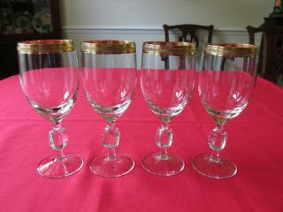 (4) Vintage Bohemia Crystal Wine Glasses W/gold Trim & Multi - Sided Ball Stems 6 "