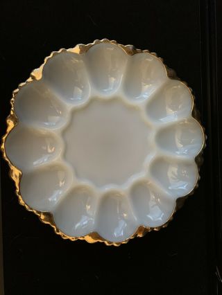 Vintage Mid - Century Gold Edge Milk Glass Serving Plate Divided Deviled Egg Dish