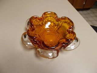 Antique Murano Art Glass Candy Dish Bowl Amber & Clear Controlled Bubble Pattern