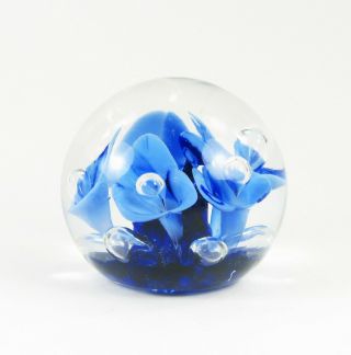 Joe St.  Clair Glass Blue Flower Paperweight