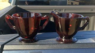 Anchor Hocking Vintage Mid Century Royal Ruby Red Glass Creamer And Sugar Dish