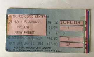 Judas Priest At Providence Civic Center,  Ri Jan 12,  1991 Ticket Stub Megadeth