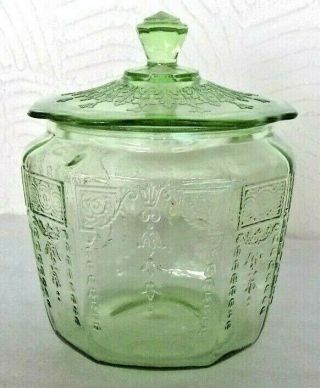 Green Depression Glass Biscuit - Cookie Jar,  " Princess " Anchor Hocking,  1931 - 35