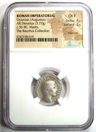 Roman Octavian Augustus AR Denarius Silver Coin 36 BC.  Certified NGC Choice Fine 2