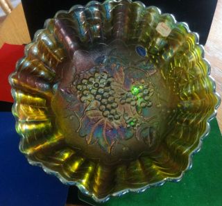 Antique Imperial Carnival Glass Grape & Cable Fruit Bowl W/scalloped Edges - Nos