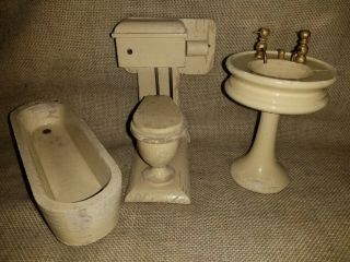 Vintage Neat Wood Toilet Sink Tub Doll House Furniture