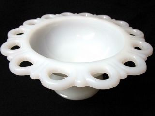 Open Lace Pedestal Footed Candy Dish White Milk Glass Anchor Hocking 6 3/4 In.
