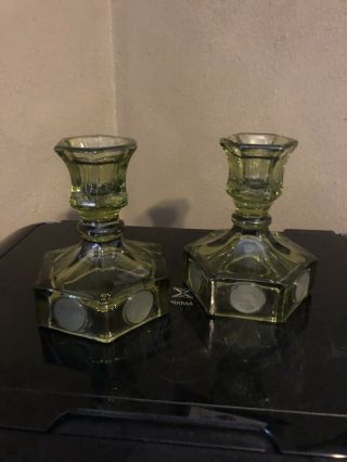 Pair Fostoria Olive Green Coin Glass 4.  5” Candlesticks Candle Holder Euc