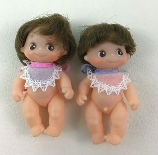 Sekiguchi Mini Baby 3 " Dolls Boy And Girl Set With Bibs Vintage 1970s Big Eyes