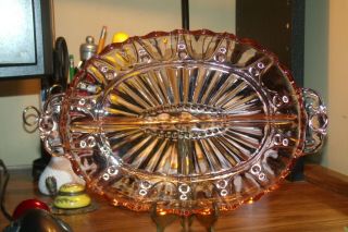 Anchor Hocking Oyster & Pearl - Pink Depression Glass Oval Divided Relish Dish