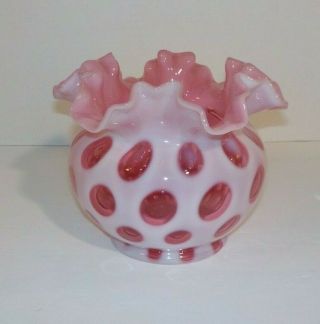 Fenton Coin Dot Cranberry Opalescent Glass Ruffle Flower Bowl 5 "