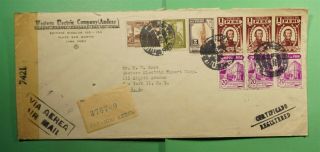 Dr Who 1944j Peru Lima Registered Airmail To Usa Wwii Censored Strip F71758