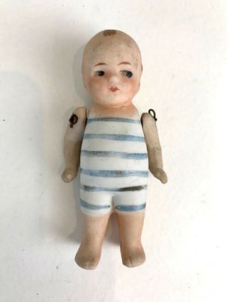 Antique Small German Bisque Porcelain Baby Doll In Striped Painted Suit 3 5/8 "