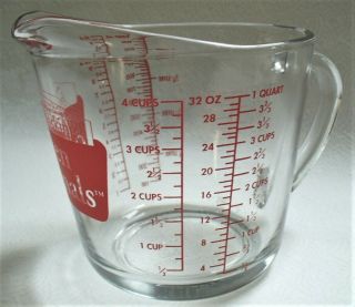 Vintage 4 Cups 32 oz Measuring Cup RED Anchor Hocking OVEN ORIGINALS Clear Glass 3