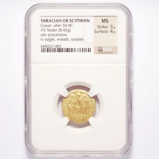After 54 Bc Thracian Or Scythian Gold Coson Av Stater 8.  42g Ngc Ms 3/5,  4/5