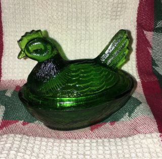 Vintage Small Hen On Nest Dark Green Carnival Glass Covered Dish