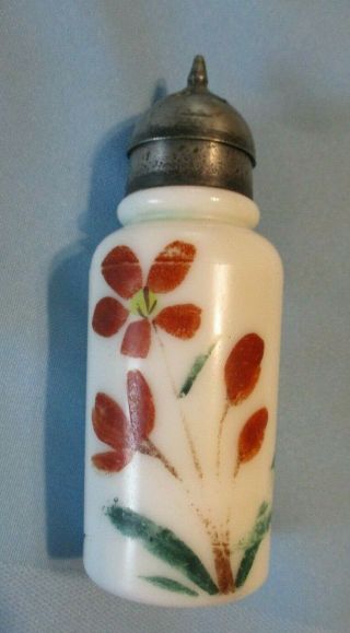 Vintage Rare Milk Bristol Glass 4.  5 " Shaker Pewter Top Hand Painted Flowers