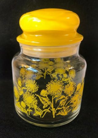 Rare Anchor Hocking Vintage Apothecary Jar With Lid Yellow Daisy Sun Flowers