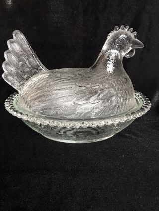 Vintage Indiana Glass Clear Chicken Hen On Nest Covered Candy Dish Trinket Box