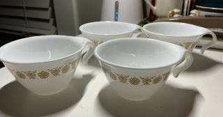 Set Of 4.  Vintage Corelle Pyrex Butterfly Gold Hook Handle Coffee/tea Cups