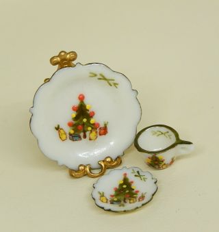 Vintage Jo Parker Christmas Porcelain Plate Cup Saucer Dollhouse Miniature 1:12