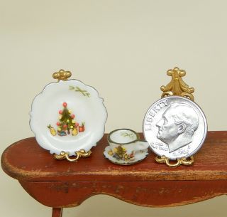 Vintage Jo Parker Christmas Porcelain Plate Cup Saucer Dollhouse Miniature 1:12 2