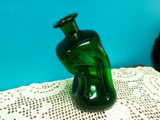 Vintage Unique Studio Art Hand Blown Green Glass Bottle Vase Melted Pinched