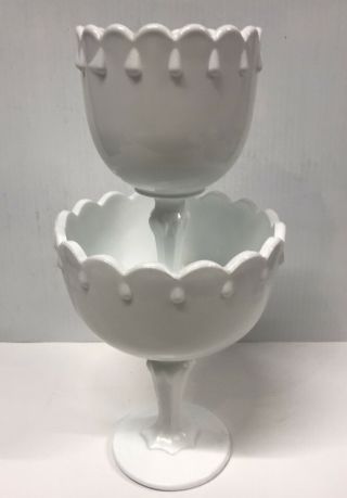 Vintage Milk Glass Stacking Pedastal Bowls Scalloped Edge Tear Drop Pattern