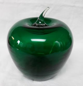 Green Glass Apple Paperweight Blenko Or Murano ? Vintage Art Glass Heavy