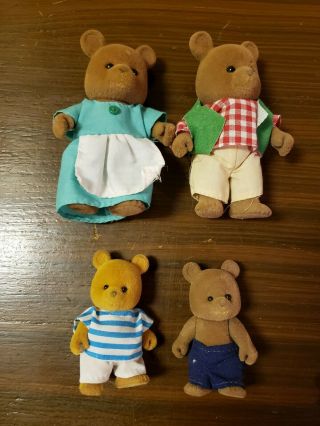 Calico Critters Maple Town Sylvanian Flocked Tan Bear Family Of Four 4 Dressed