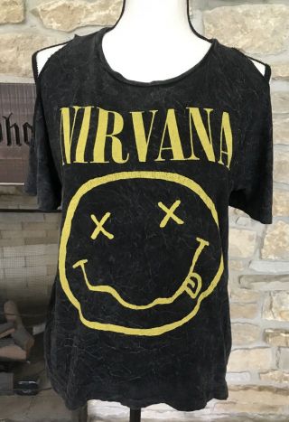 Nirvana Shirt,  Juniors Cold Shoulder Shirt,  Sz S.  Band Tee,  Smiley Face Graphic