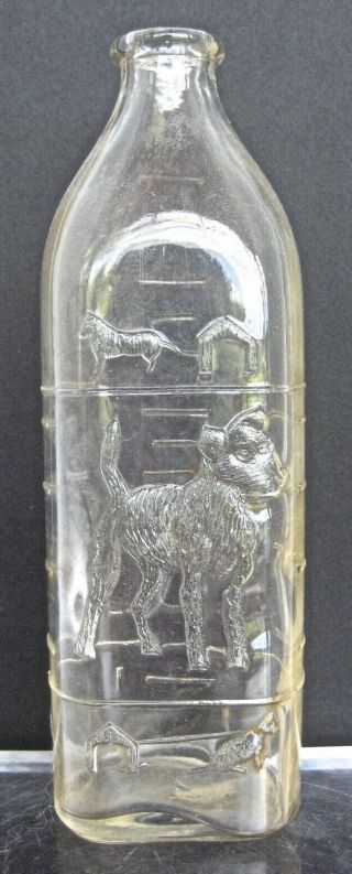 Vintage Hazel Atlas 8oz Glass Baby Bottle With Embossed Dog Puppies Dog House