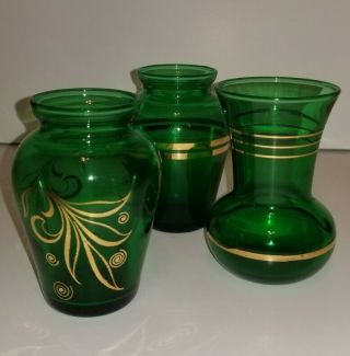 3 Vintage Small Forest Green Glass Gold Trim Vases Anchor Hocking Euc