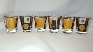 Set Of 6 Gold And Black Dollar Coin Shot Glasses 2 Oz Mid Century Vintage