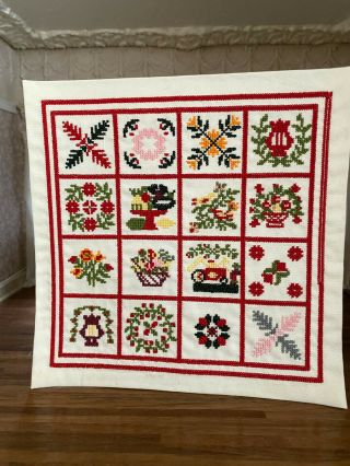 Vintage Miniature Dollhouse Artisan Country Red Cross Stitch Bed Spread Quilt