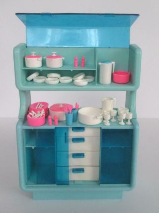 Barbie Dreamhouse 1978 Blue Dining Buffet / China Cabinet Hutch with Dishes 2