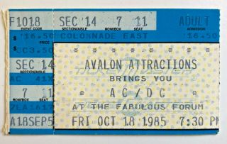 1985 Ac/dc Ticket Stub 10/18/85 Yngwie Malmsteen Fabulous Forum Los Angeles,  Ca.
