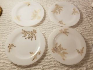 Vintage Set Of 4 White Milk Glass Plates With Gold Leaves Heat Proof