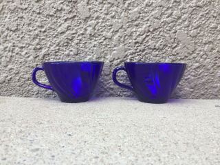 Set Of 2 Vintage Coffee Cups Made In France Cobalt Blue Glass & Swirl Design