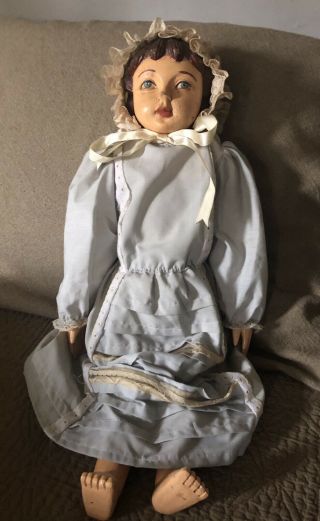 Vintage Wood Carved Straw Stuffed Doll 22”