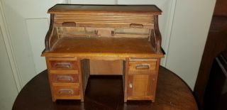 Vintage Dollhouse Miniature Artisan Hand Made Wood Roll Top Desk 6 3/4 " X 5 1/2 "
