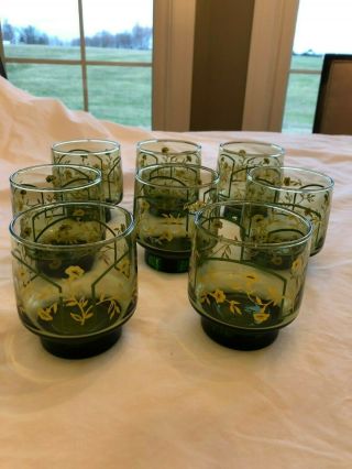 Vintage Libbey 8 Juice Glasses.  Green Footed Glass With Yellow Flowers.  3 1/2 