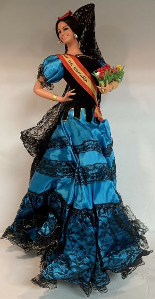 Vintage Large Marin Chiclana Spanish Flamenco Dancer Blue Dress Doll Figurine