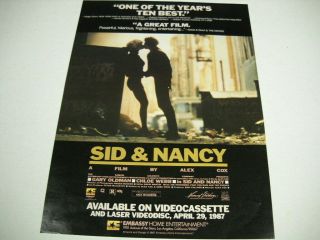 Sid & Nancy Sid Vicious And Nancy Spungen 1987 Promo Display Advert Fo Movie