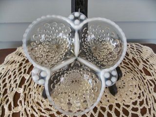 Vintage Anchor Hocking Moonstone Opalescent Hobnail 3 Part Divided Candy Dish